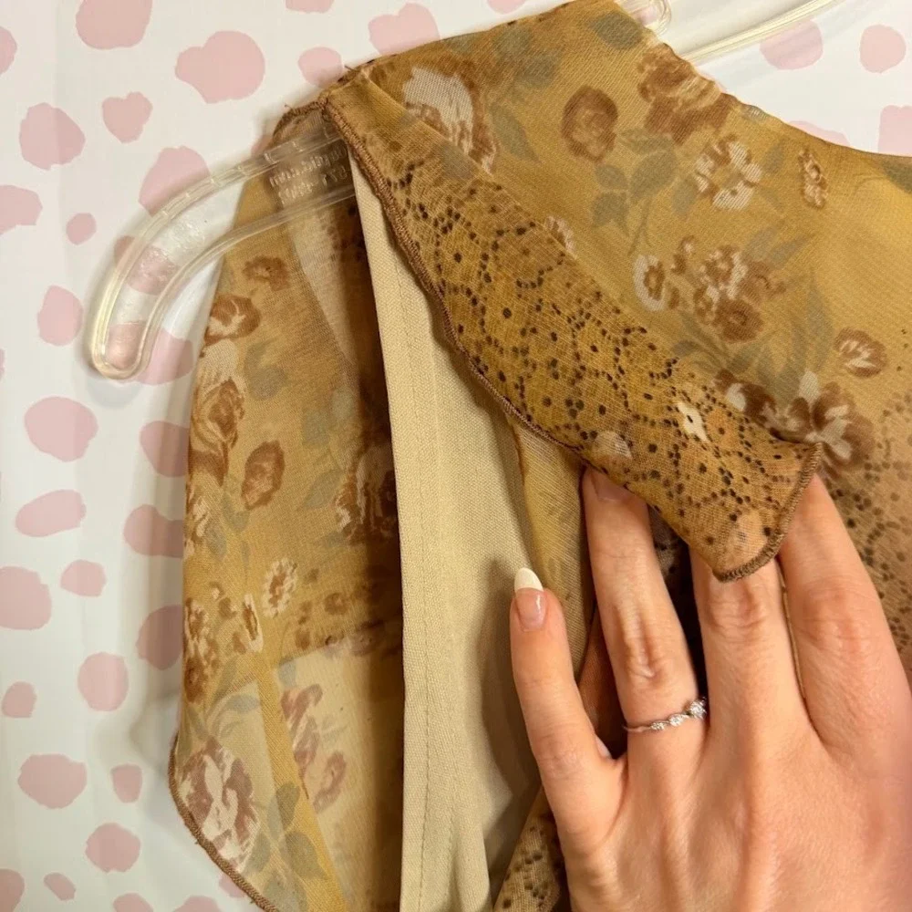 DBY Floral Brown Sheer Babydoll Flutter Sleeve‎ Dress Y2K Fairy Grunge 6 S VTG